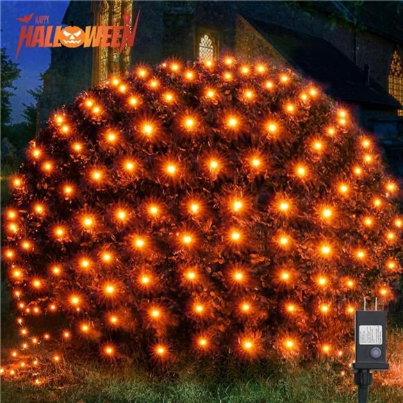 Halloween Net Lights, 200LED 8.4ft x 5.2ft Orange Bush Lights with 8 Modes - Picture 1 of 8